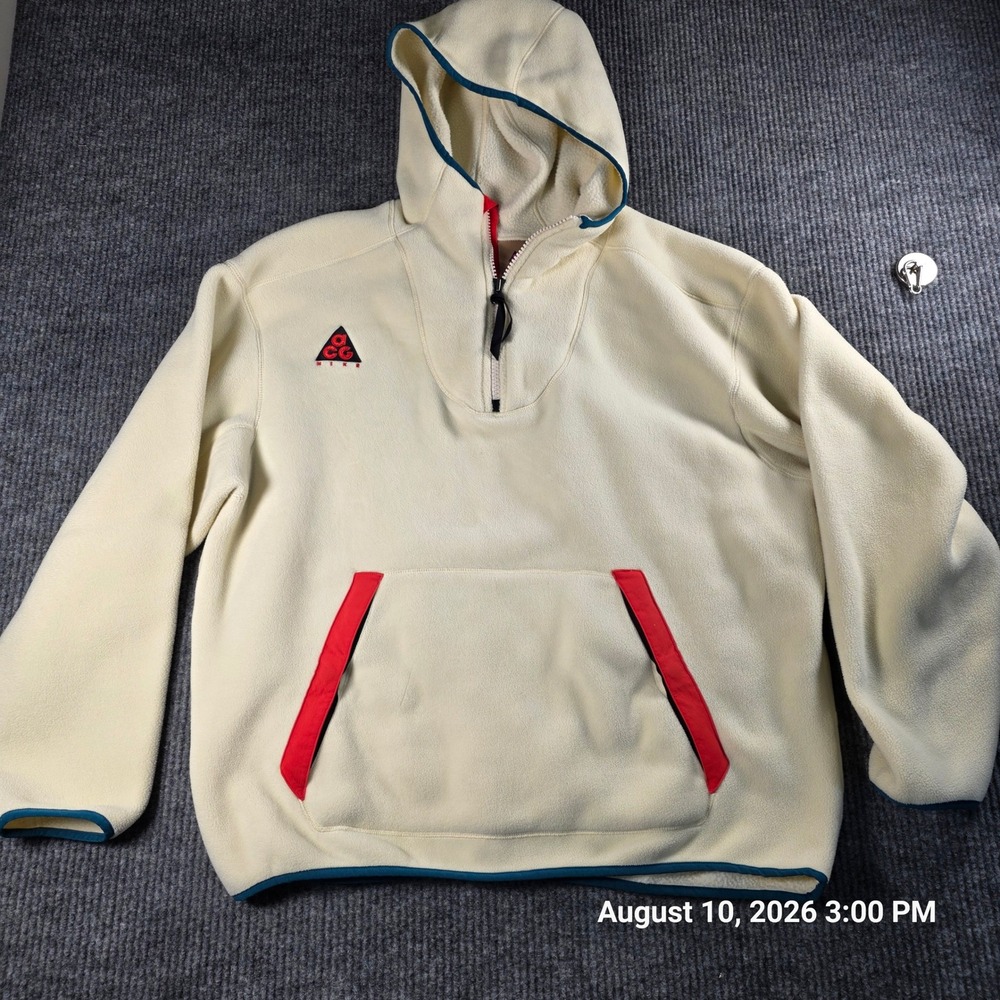 Nike ACG Fleece Hoodie Cream Red Teal Half Zip Pullover Womens Large Vintage